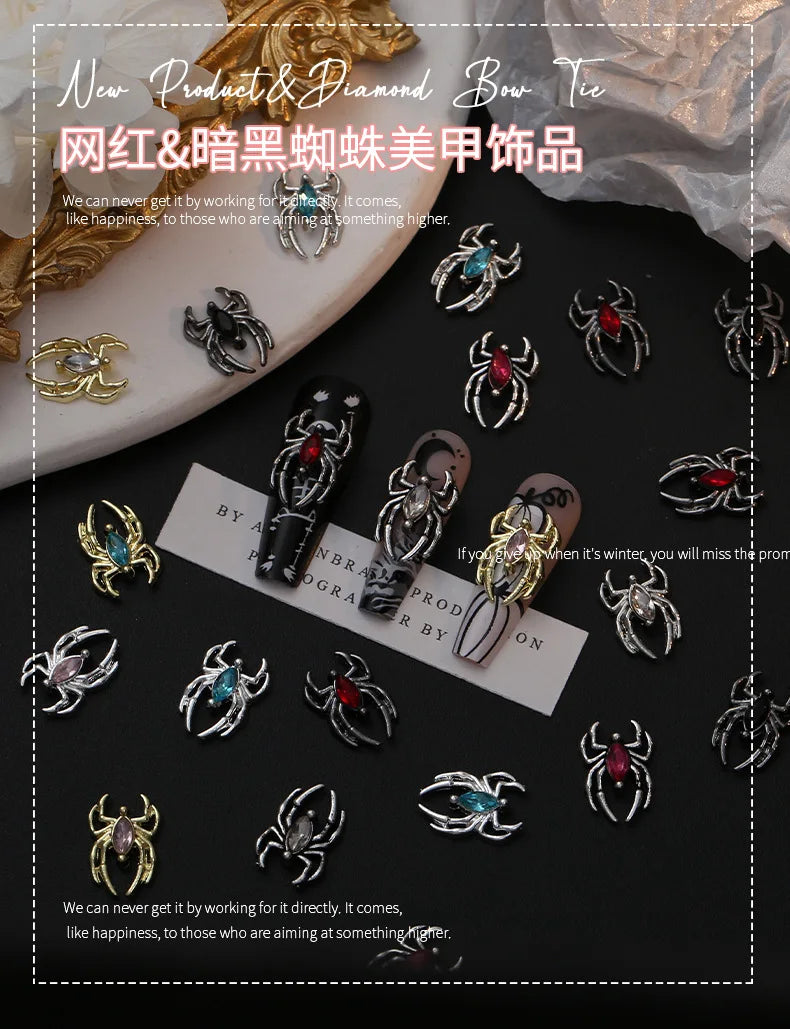 Halloween 3D Spider Nail Charms - Luxury Gold & Silver Alloy (10 Pieces)