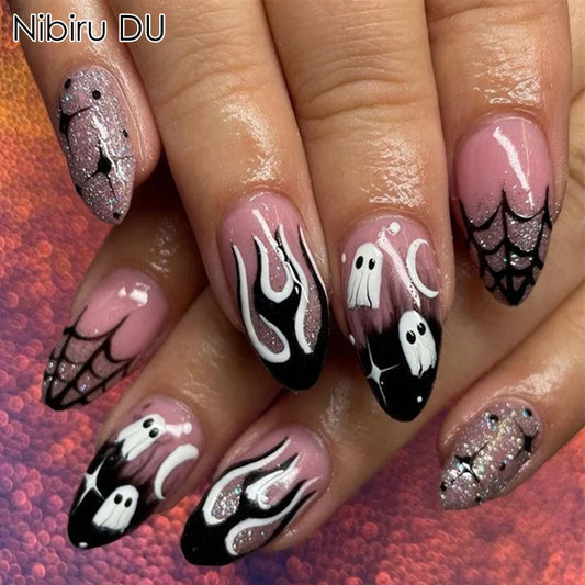 24Pcs Halloween Bat & Spider Press-On Nails - Almond French Fake Nails Full Cover