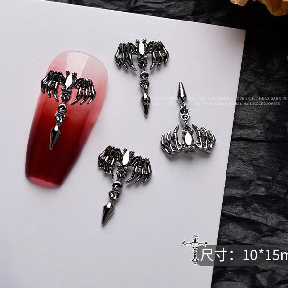 10 piezas de aleación 3D estilo gótico punk para decoración de uñas, diseño de corazón, esqueleto, cruz, araña, accesorios para decoración de uñas de Halloween.
