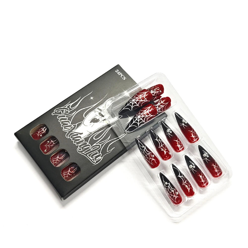 24pcs Halloween Fake Nails Red Decorated False Nail Almond Press on Nail Tips Halloween Cool Girl Long Fake Nail Halloween Nails