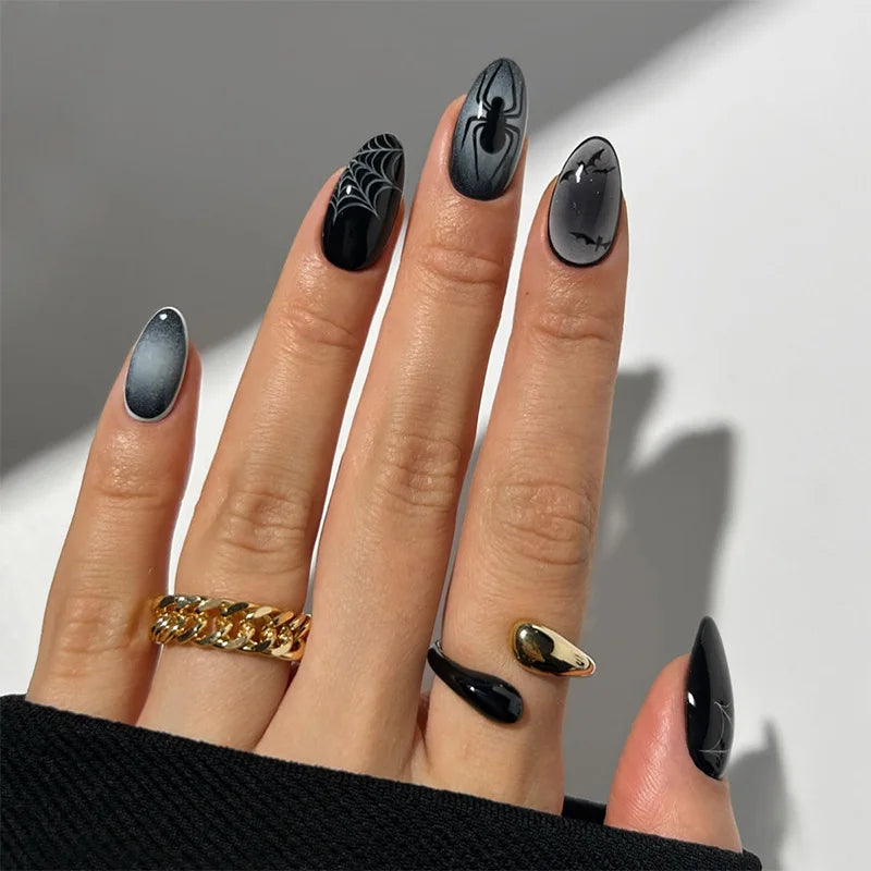 24pcs 2025 Halloween Almond Press on Nails French False Nails Kawaii Wearable Stick-on Nails Fake Nail Uñas Накладные Ногти 네일팁