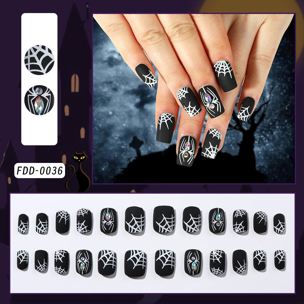 24Pcs Black Halloween Fake Nail Tips with Diamond Spider Web Design Press On Nails Short Square Wearable Y2K False Fingertips 1