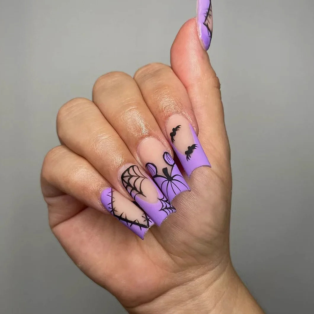 24pcs Halloween False Nails Glow in the Dark Ghost Spider Printed Press on Nail Halloween Manicure Supplies Wearable Fake Nails