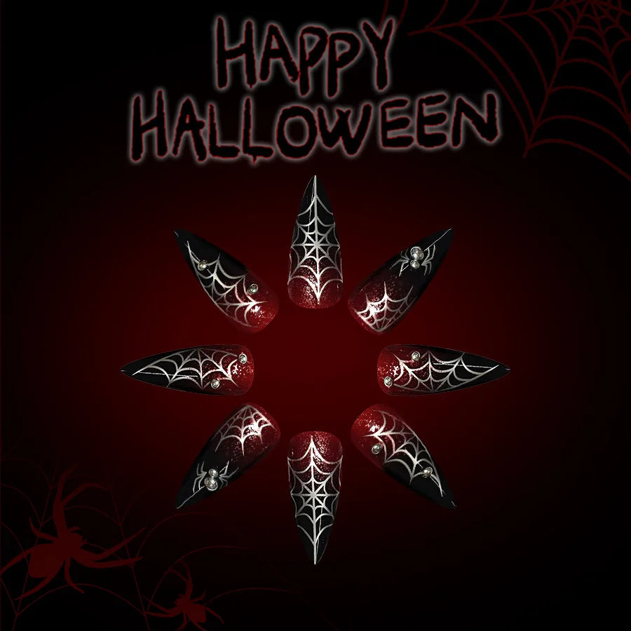 24pcs Halloween Fake Nails Red Decorated False Nail Almond Press on Nail Tips Halloween Cool Girl Long Fake Nail Halloween Nails