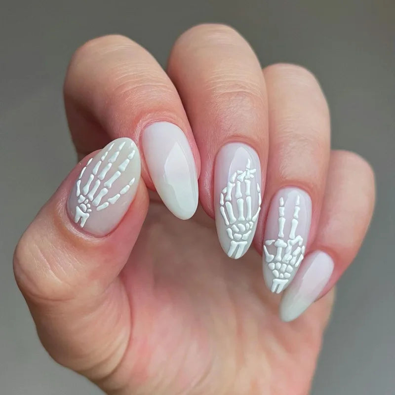 24pcs Halloween Long Almond Fake Nails Gothic Dark Black Style Press on Nails Full Cover Wearable Heavy Metal False Nail Tips