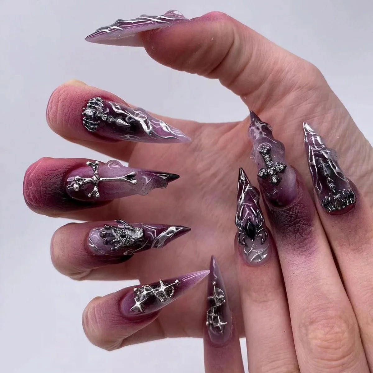 24pcs Halloween Long Almond Fake Nails Gothic Dark Black Style Press on Nails Full Cover Wearable Heavy Metal False Nail Tips