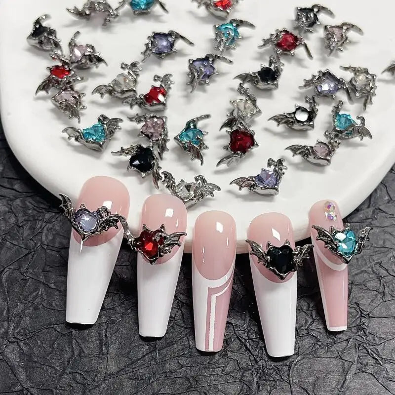 10pcs Gothic Punk Style Alloy Bat 3Heart D Nail Art Charms Spider Design For Halloween Nails Decoration Accessories