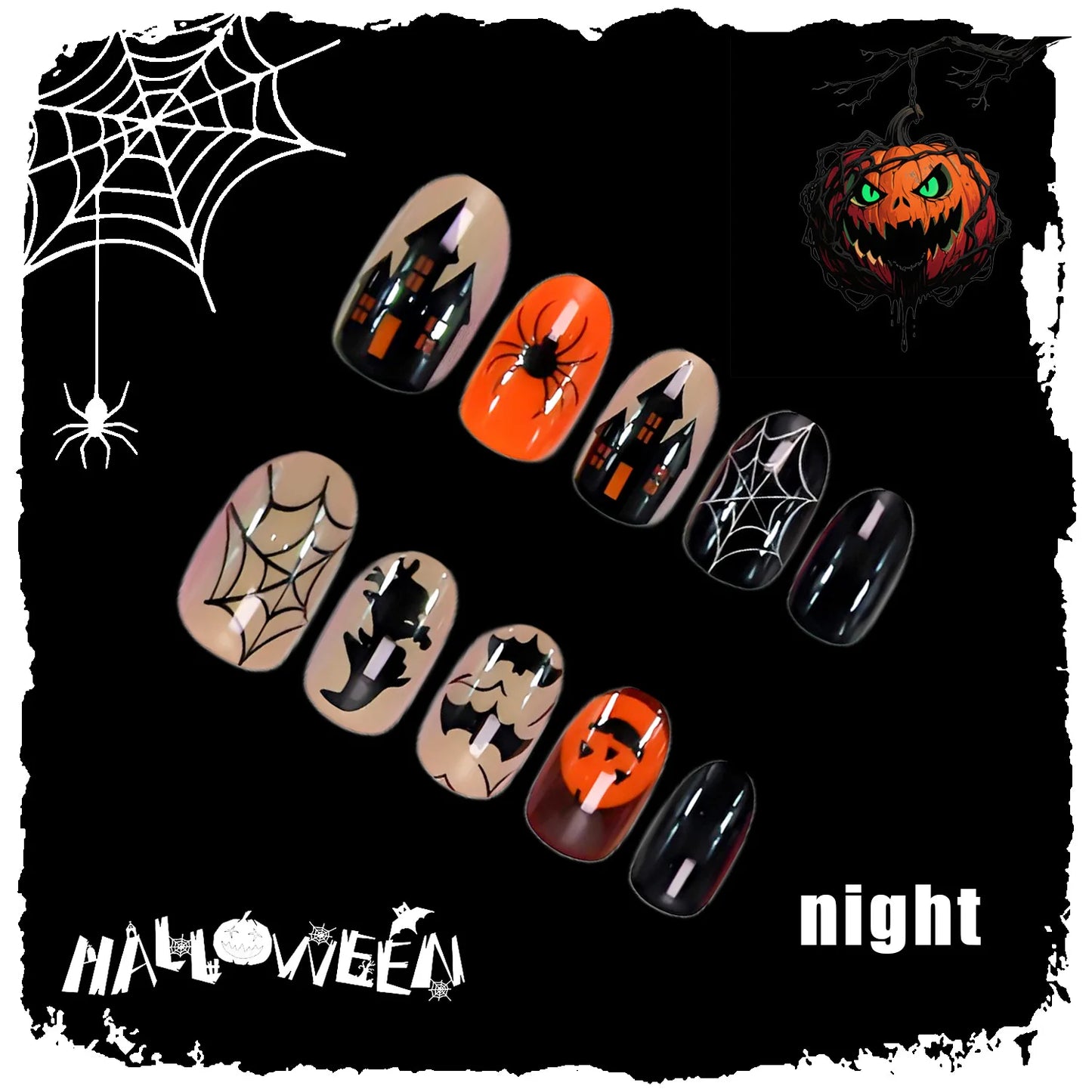 24pcs Halloween Night Light Dark Spider Press on Nails Halloween Fake Nails Full Cover Wearable False Nails