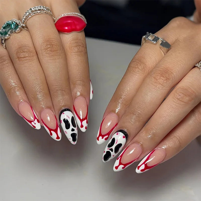 24 uñas postizas de Halloween con diseño de almendra y pegamento, con elementos de sangre, uñas postizas francesas rojas, uñas postizas estilo stiletto europeo, puntas usables.