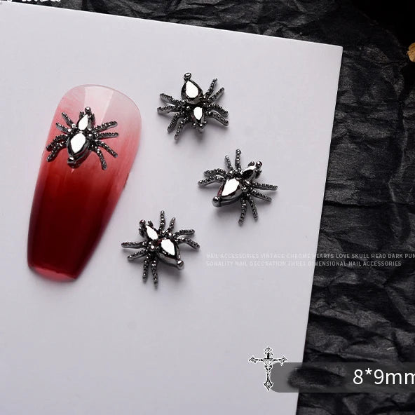 10 piezas de aleación 3D estilo gótico punk para decoración de uñas, diseño de corazón, esqueleto, cruz, araña, accesorios para decoración de uñas de Halloween.