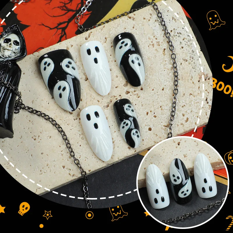 Halloween Ghost 3D Press-On Nails - Black & White Almond Shape (30 Pieces)