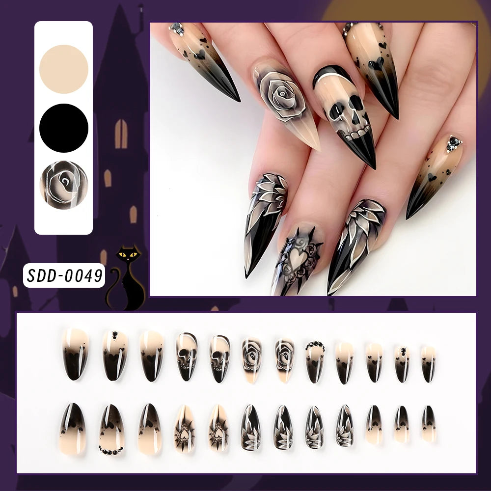 24Pcs Black Halloween Fake Nail Tips with Diamond Spider Web Design Press On Nails Short Square Wearable Y2K False Fingertips 1