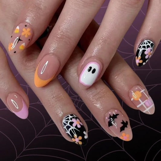 24pcs 2025 Halloween Almond Press on Nails French False Nails Kawaii Wearable Stick-on Nails Fake Nail Uñas Накладные Ногти 네일팁