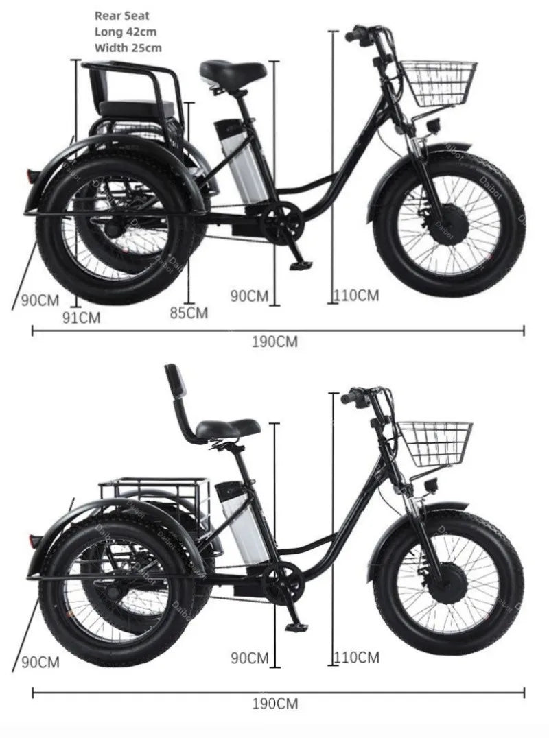 3 Wheel Fat Electric Bike 500W 48V Adult Tricycle - Removable Battery & Cargo Basket