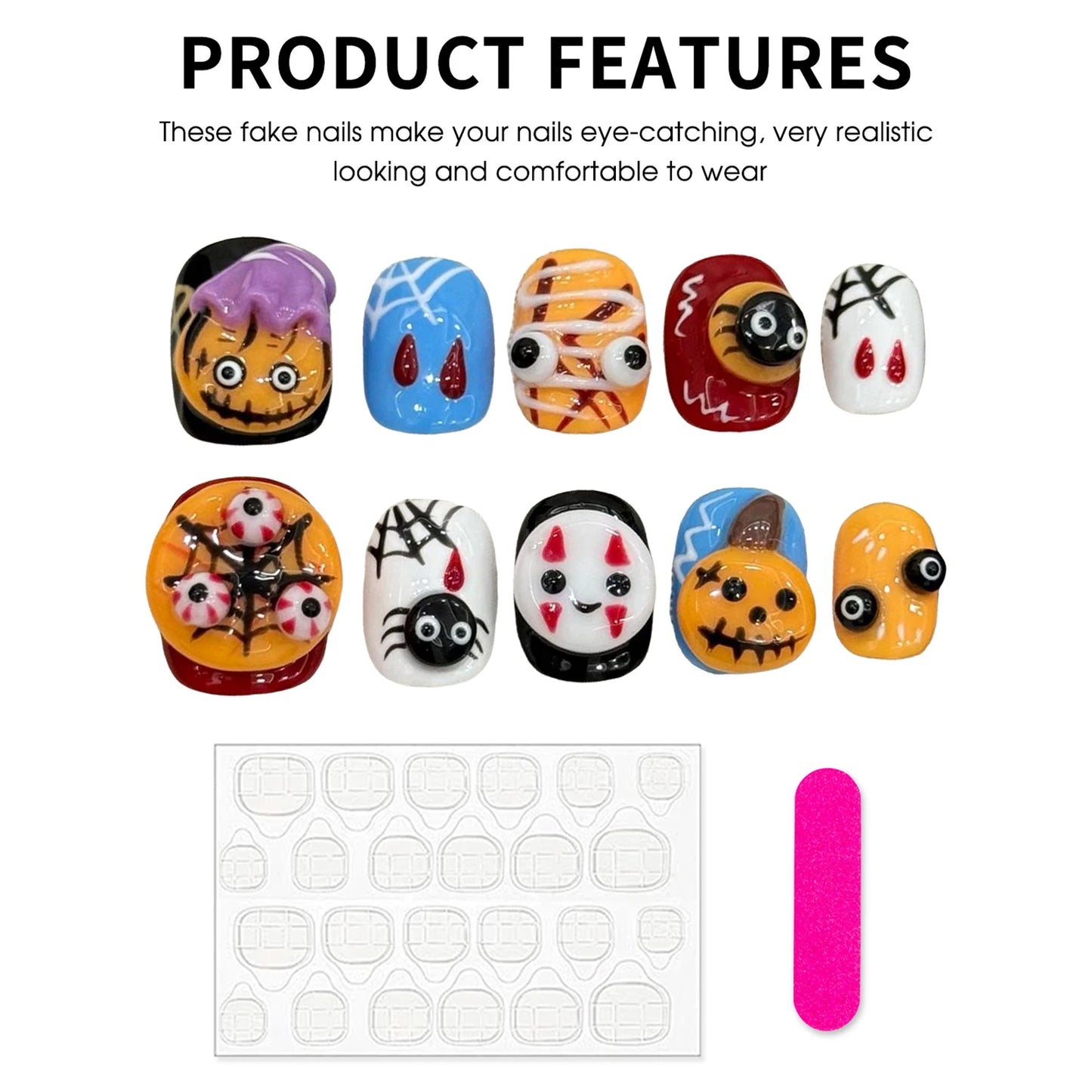 10pcs Short Round Handmade False Nails For Halloween 3D Pumpkin Ghost Spider Decor Press On Nails Sweet Cool Party Fake Nail