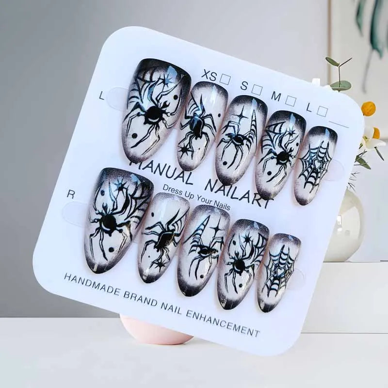 10Pcs Halloween Short Almond Shape Atmosphere Clown Black and White Ghost Spider Press on Nails Nail Patch False Nails Nails Art
