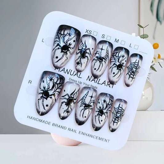 10Pcs Halloween Short Almond Shape Atmosphere Clown Black and White Ghost Spider Press on Nails Nail Patch False Nails Nails Art