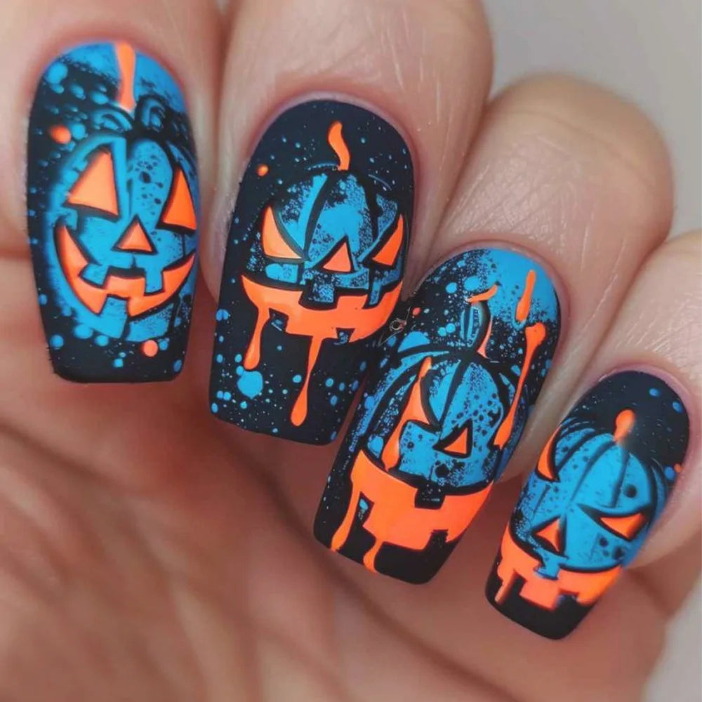 24Pcs Mid-length Square Nails Set Press on Pumpkin Bat Design False Nails Halloween Spider Web Wearable Full Cover Fake Nail Tip