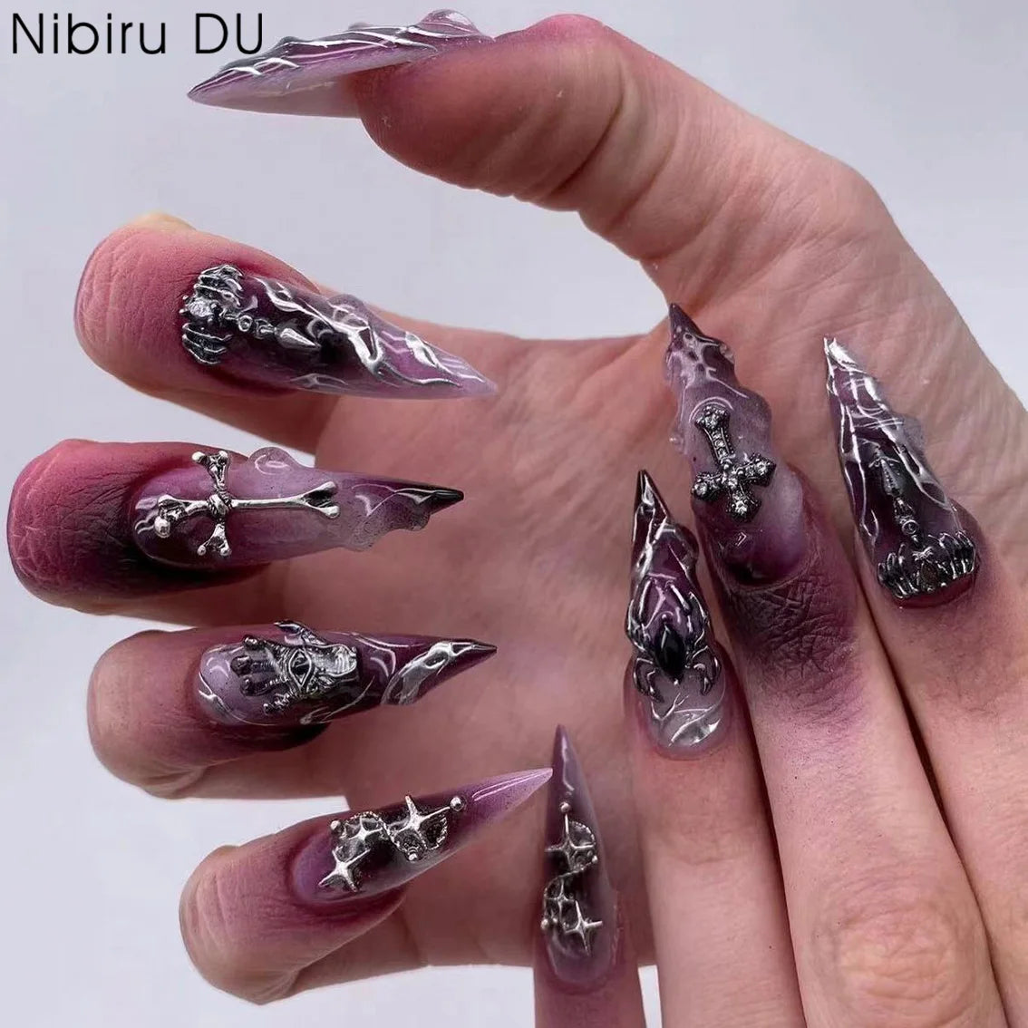 24pcs Halloween Long Almond Fake Nails Gothic Dark Black Style Press on Nails Full Cover Wearable Heavy Metal False Nail Tips