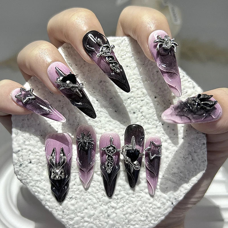 10 uñas postizas Y2k para Halloween, estilo punk oscuro, hechas a mano, con diseño de araña, conejito, dulce, picante, extraíbles y reutilizables.