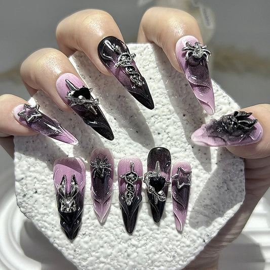 10Pcs Y2K Halloween Punk Press-On Nails - Dark Gothic Bunny Spider Design Removable