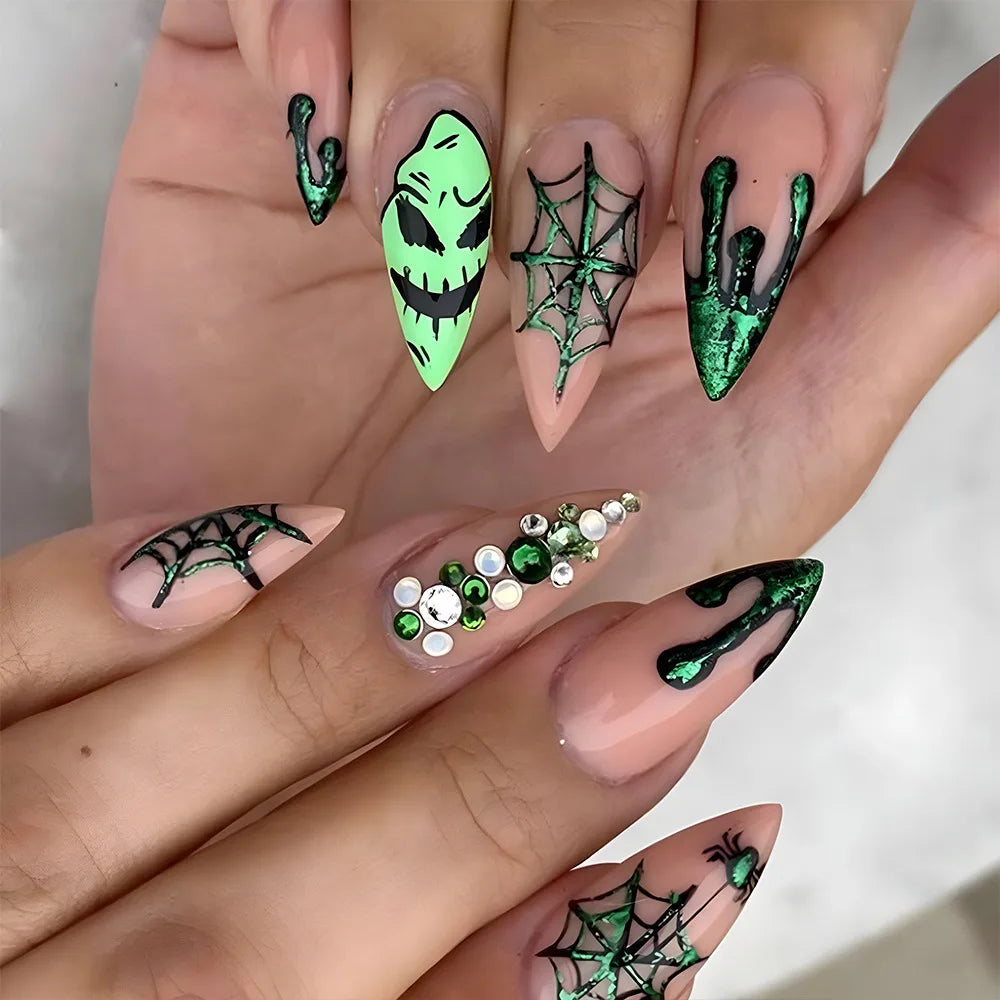 24pcs Halloween False Nails Glow in the Dark Ghost Spider Printed Press on Nail Halloween Manicure Supplies Wearable Fake Nails