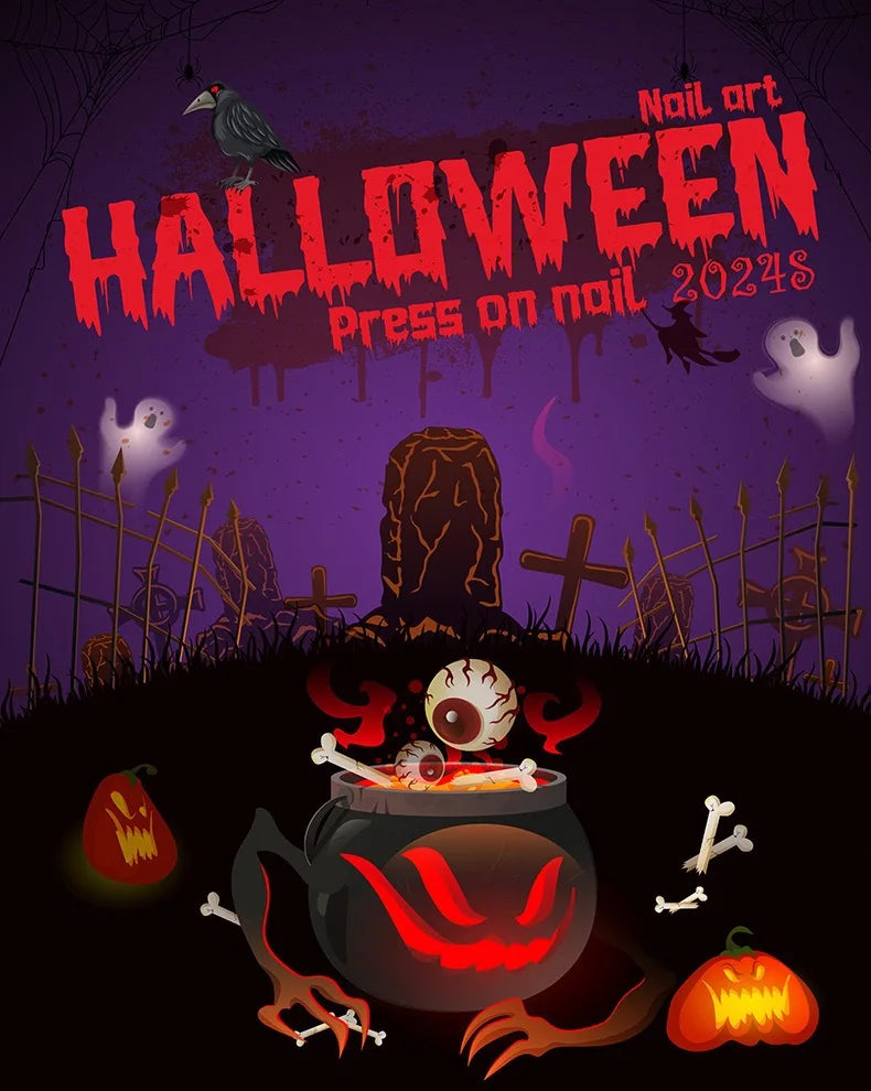 Halloween Ghost 3D Press-On Nails - Black & White Almond Shape (30 Pieces)
