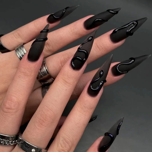 Halloween 3D Black Snake Press-On Nails - Y2K Dark Scrub Super Long (24 Pieces)