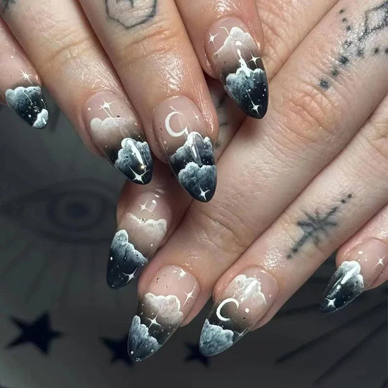 24 uñas postizas negras con diseño de telaraña fantasma, decoración en almendra, uñas postizas para usar en fiestas de Halloween.
