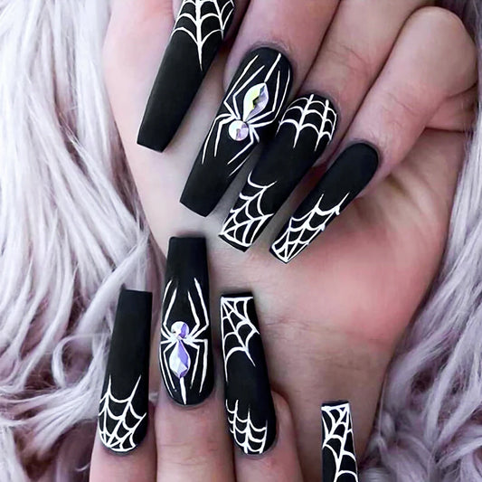 24Pcs Gothic Dark Spider Coffin Press On Nails 8 Styles Diamond Nude Short Sqare False Nails Full Cover Wearable Fake Nail Tips&