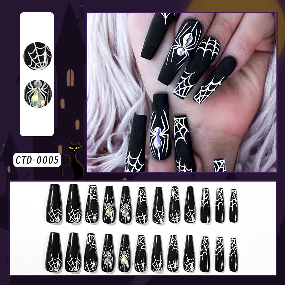 24 uñas postizas góticas oscuras con diseño de araña, 8 estilos, color nude, cuadradas y cortas, cobertura total, para usar