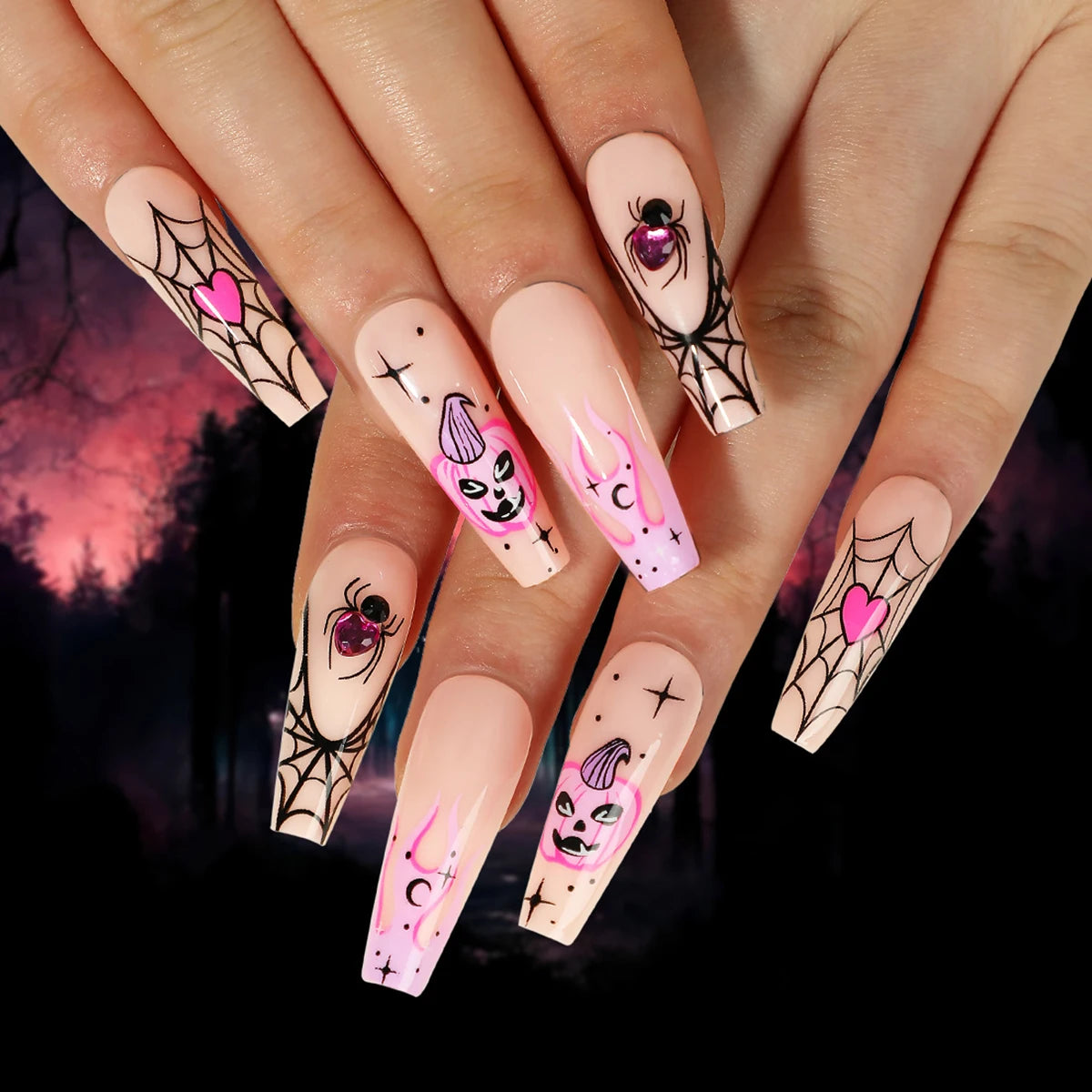 24Pcs Silver Spider Design Halloween Press-On Nails - Gothic Punk Almond False Nails