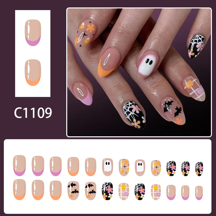 24pcs 2025 Halloween Almond Press on Nails French False Nails Kawaii Wearable Stick-on Nails Fake Nail Uñas Накладные Ногти 네일팁
