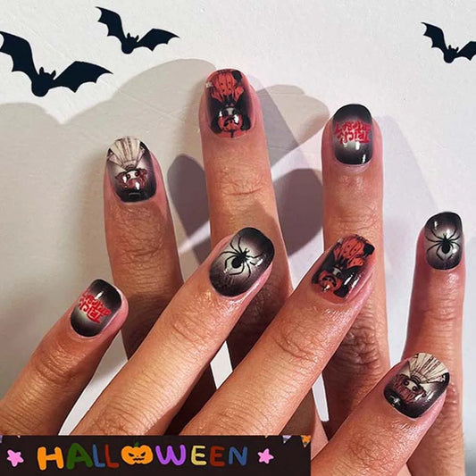 24Pcs/set Bat Spider Web Children Halloween False Nails Ghost Pumpkin Kids Cartoon Fake Nails with Jelly Gel Manicure Material