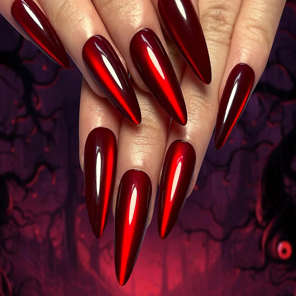 Halloween Red Cat Eye Press-On Nails - Gothic Scarlet Almond Coffin (30 Pieces)