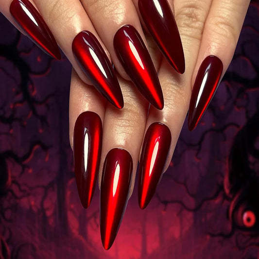 Halloween Red Cat Eye Press-On Nails - Gothic Scarlet Almond Coffin (30 Pieces)