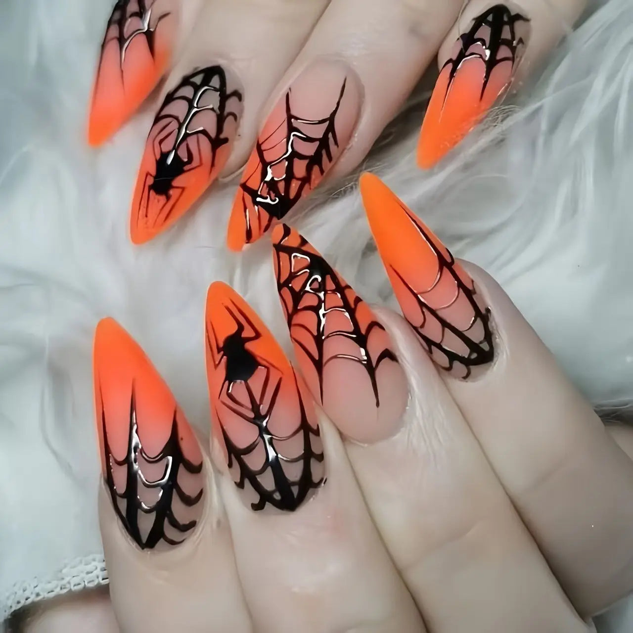 Halloween Gothic Spider Nails - 24pcs Silver Press-On Almond Nails Set