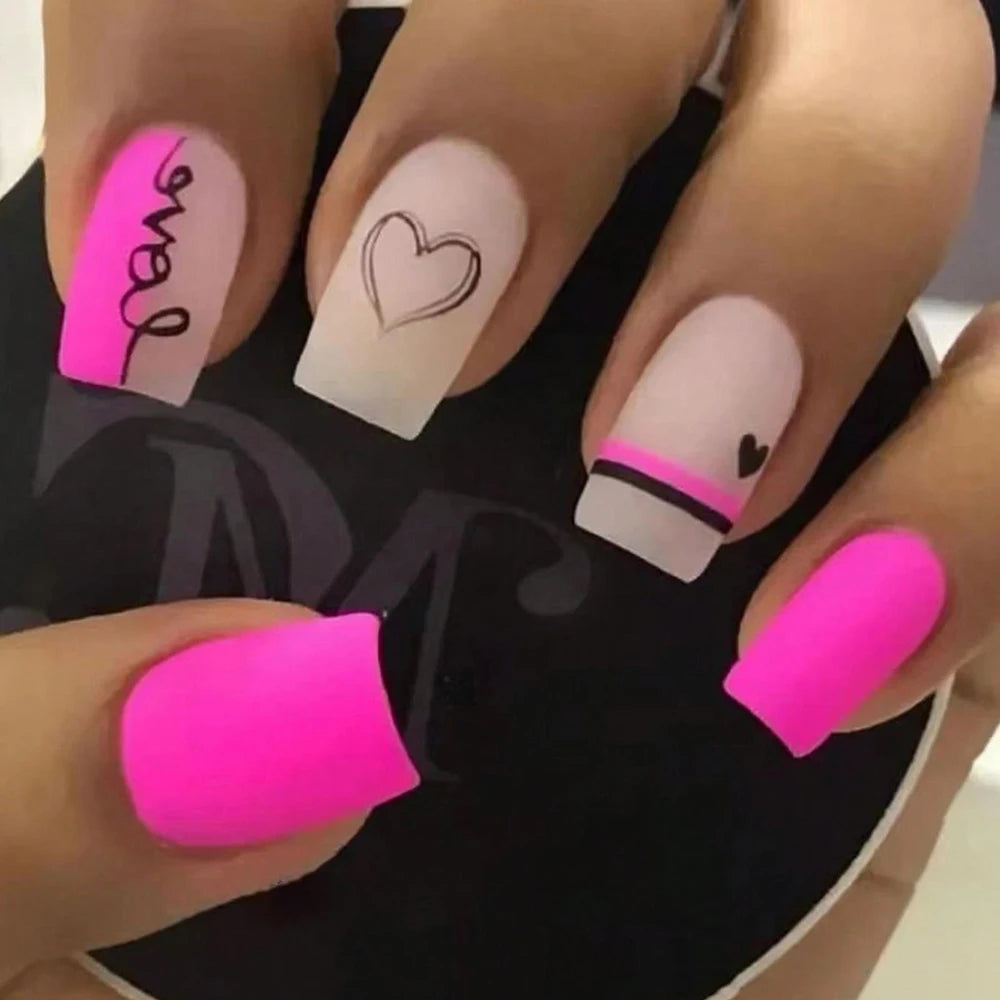 24Pcs ARTAUG Pink Stiletto Press-On Nails - Love Design Handmade Medium Length