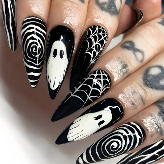 Halloween Black Press-On Nails - Ghost Spider Web Design (24 Pieces)