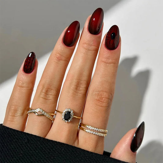 24pcs Almond False Nails Halloween Blood Red Short Full Cover Nail Tips with Spider Designfake Nail Art Wearable Press on Nails