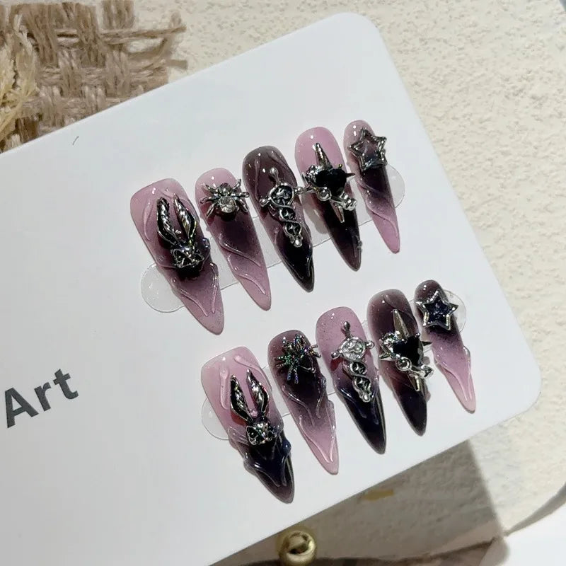 10 uñas postizas Y2k para Halloween, estilo punk oscuro, hechas a mano, con diseño de araña, conejito, dulce, picante, extraíbles y reutilizables.