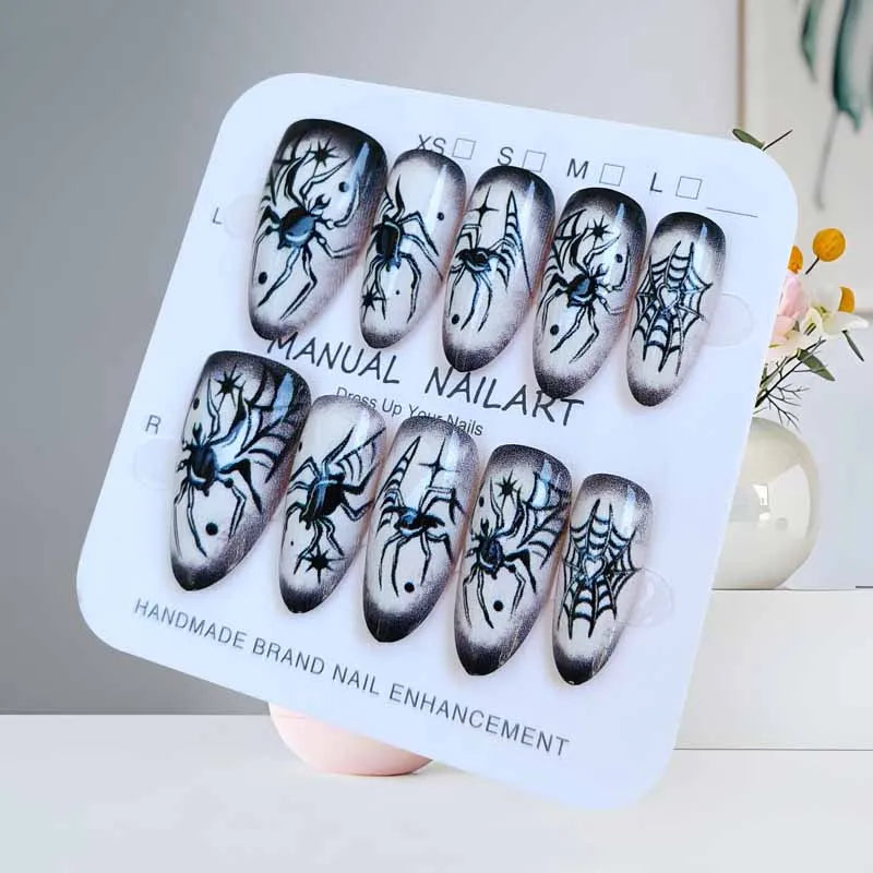 10Pcs Halloween Short Almond Shape Atmosphere Clown Black and White Ghost Spider Press on Nails Nail Patch False Nails Nails Art
