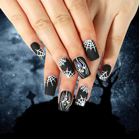 24Pcs Black Halloween Fake Nail Tips with Diamond Spider Web Design Press On Nails Short Square Wearable Y2K False Fingertips 1