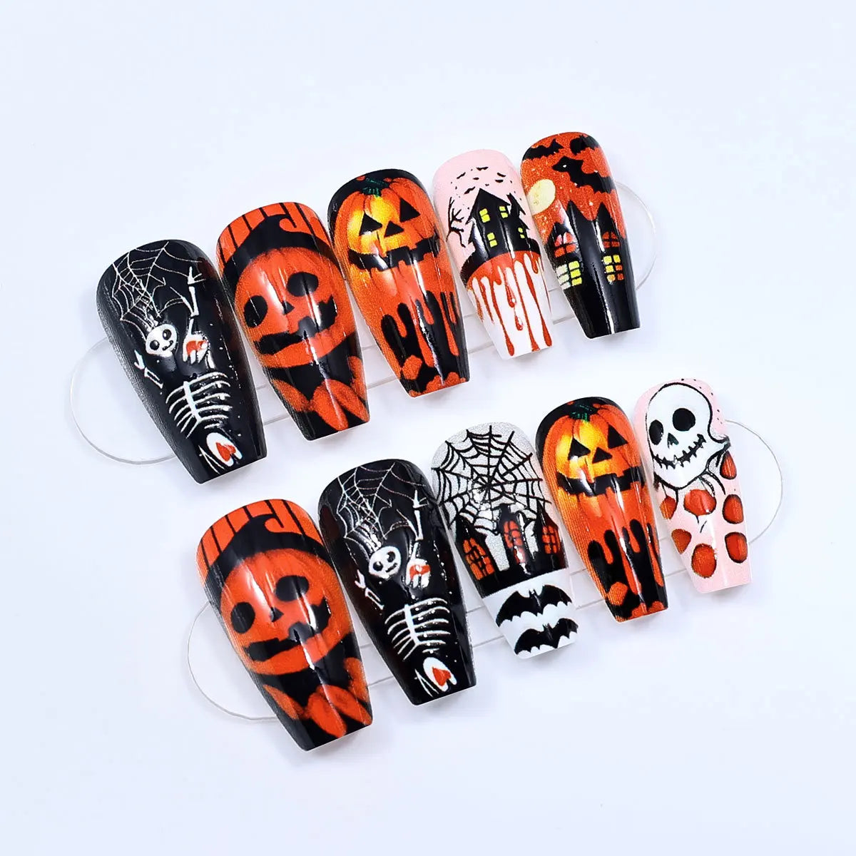 24 uñas postizas doradas con diseño de murciélago y araña, para Halloween, estilo ballet, estilo ataúd, para usar a presión.