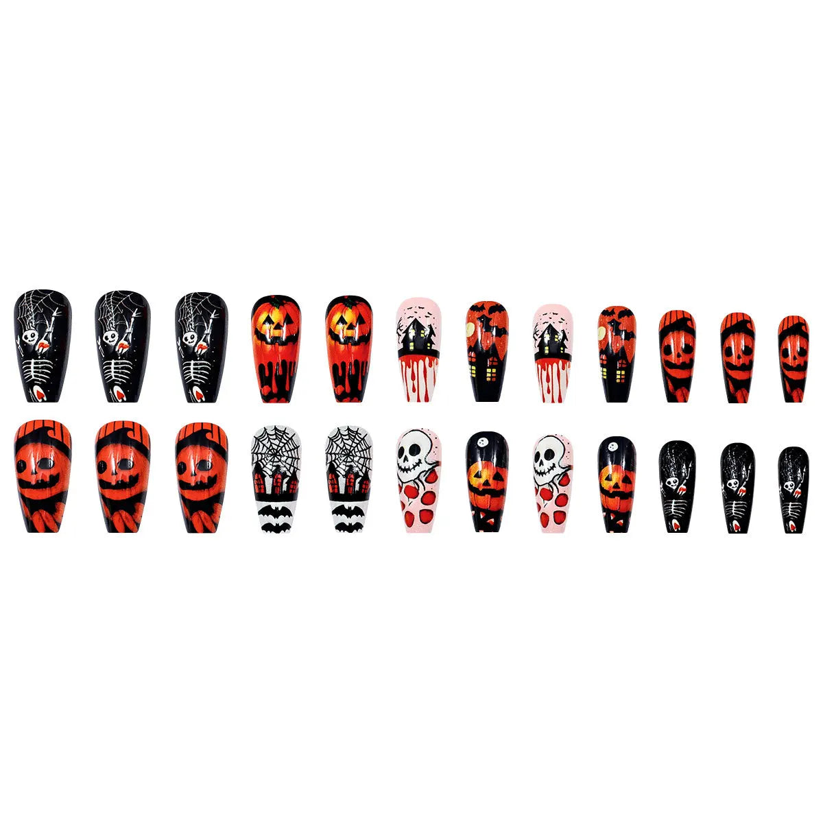 24 uñas postizas doradas con diseño de murciélago y araña, para Halloween, estilo ballet, estilo ataúd, para usar a presión.