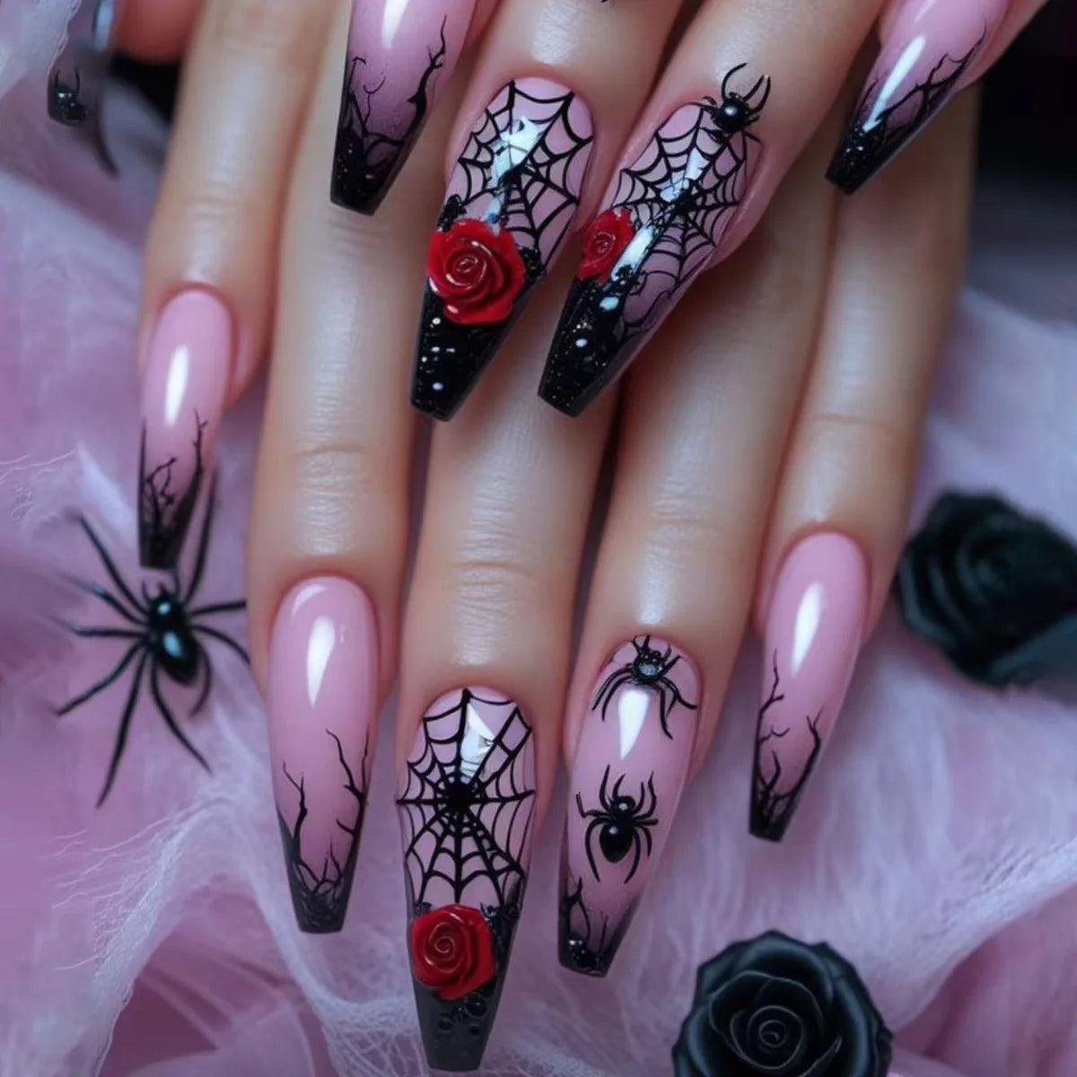 Halloween Gothic Spider Nails - 24pcs Silver Press-On Almond Nails Set