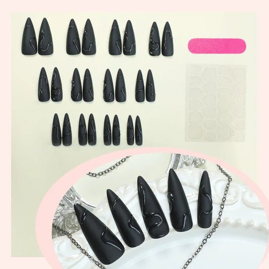 Halloween 3D Black Snake Press-On Nails - Y2K Dark Scrub Super Long (24 Pieces)