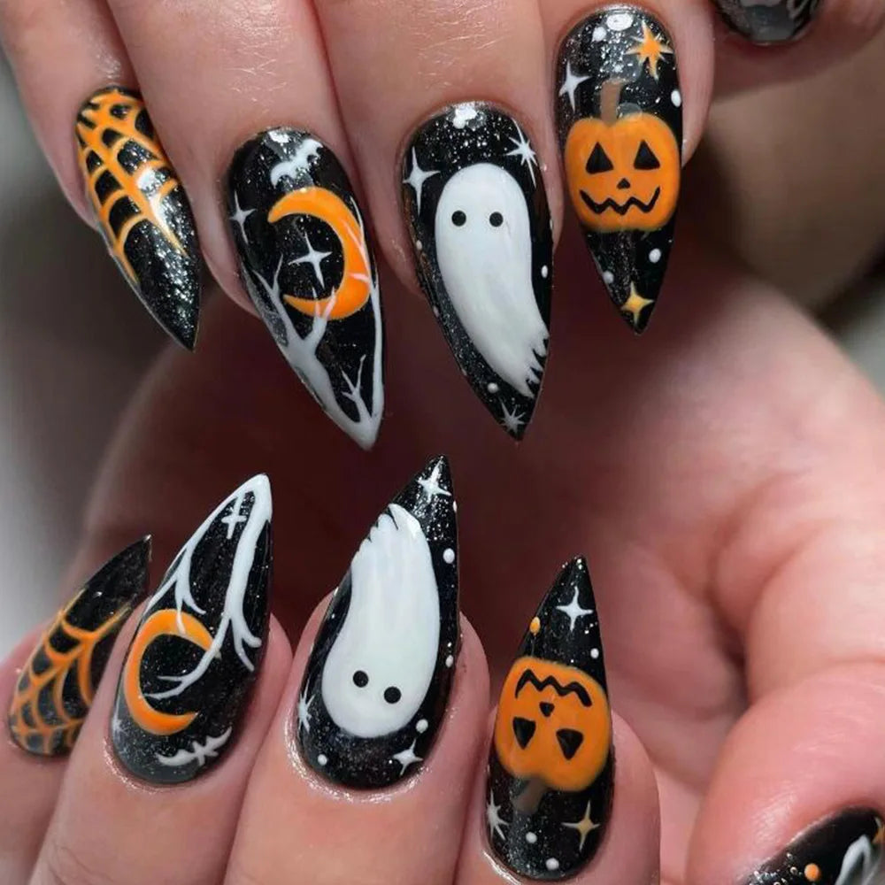 24pcs Halloween Press on Nails Green Cat's Eye Long Almond False Nails with Spider Bat Design Fake Nail Sets Detachable Manicure