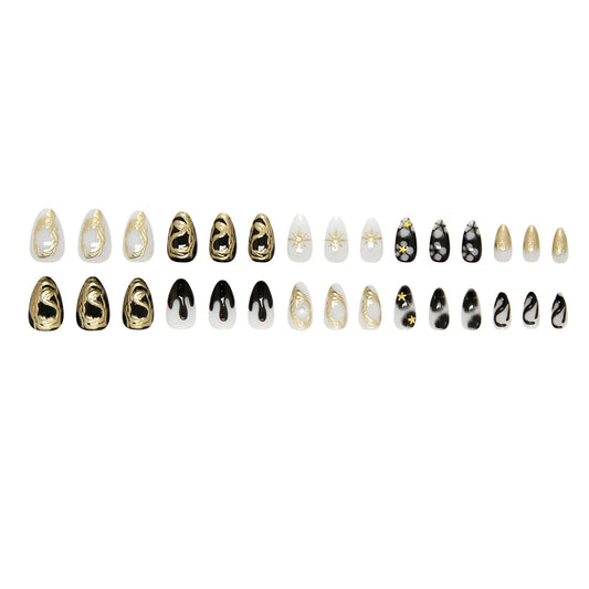 24Pcs Gothic Starfish Press-On Nails – Short Almond Shape With 3D Tribal Designs & Pearl-Encrusted Starburst