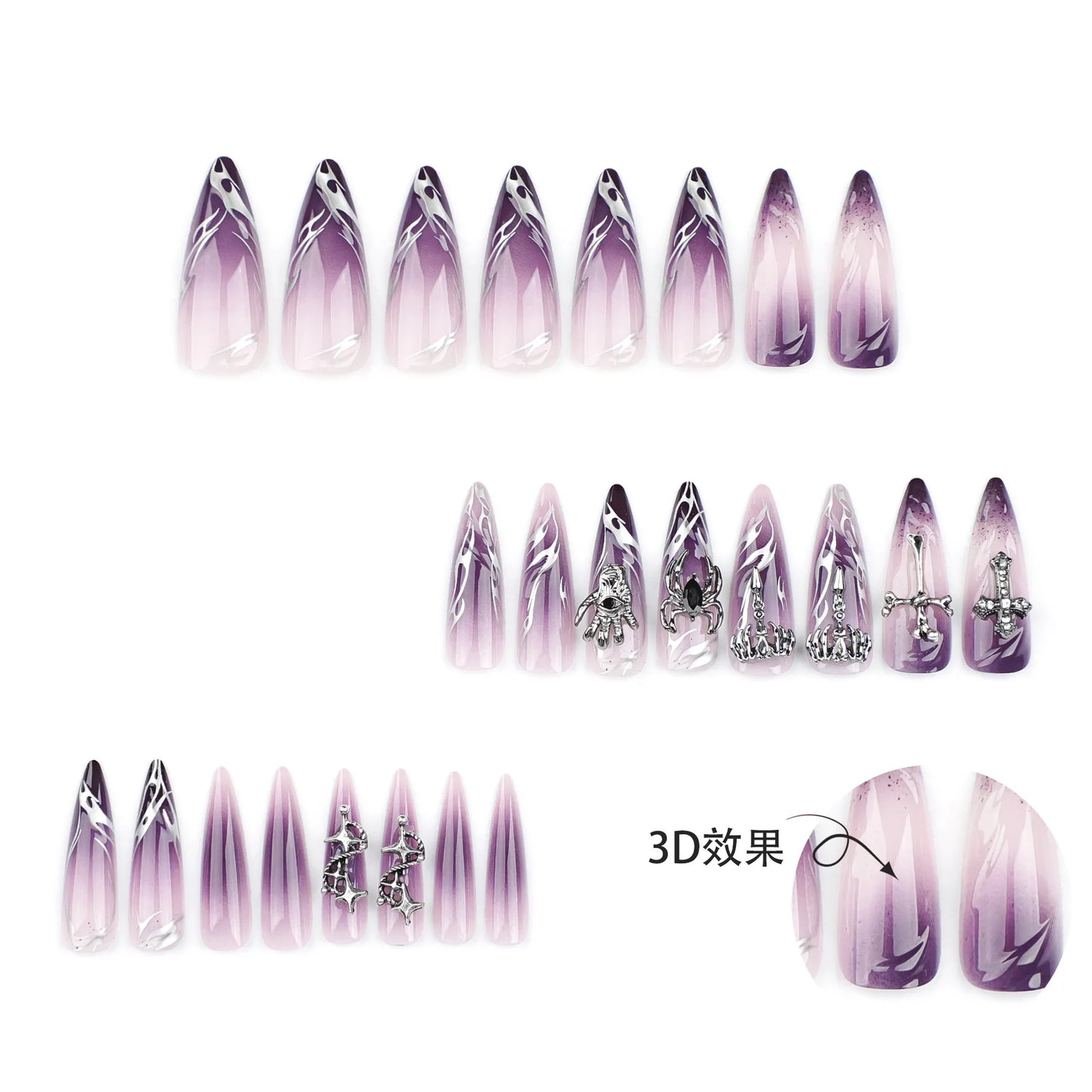 24pcs Halloween Long Almond Fake Nails Gothic Dark Black Style Press on Nails Full Cover Wearable Heavy Metal False Nail Tips